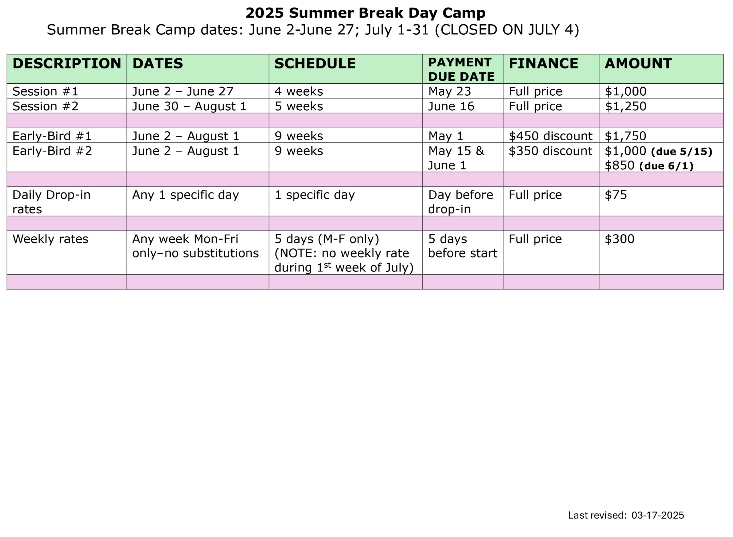 2025 03 17 2025 Summer Break Fee Schedule Online